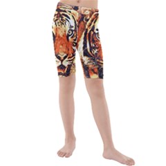 Tiger-portrait-art-abstract Kids  Mid Length Swim Shorts