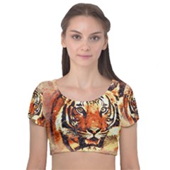 Tiger-portrait-art-abstract Velvet Short Sleeve Crop Top 