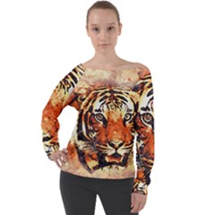 Tiger-portrait-art-abstract Off Shoulder Long Sleeve Velour Top by Jancukart