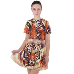 Tiger-portrait-art-abstract Short Sleeve Shoulder Cut Out Dress 