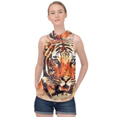 Tiger-portrait-art-abstract High Neck Satin Top by Jancukart