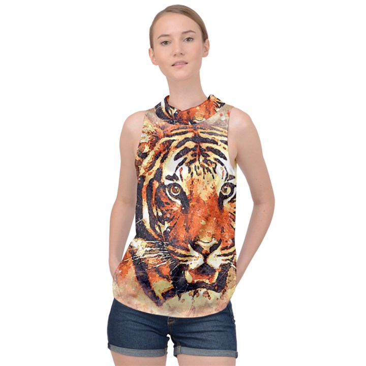 Tiger-portrait-art-abstract High Neck Satin Top