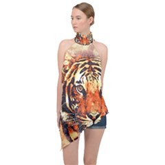 Tiger-portrait-art-abstract Halter Asymmetric Satin Top by Jancukart