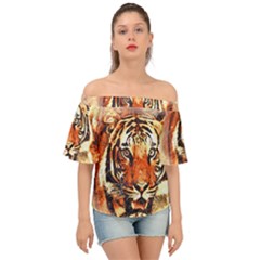 Tiger-portrait-art-abstract Off Shoulder Short Sleeve Top by Jancukart