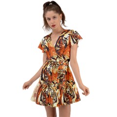 Tiger-portrait-art-abstract Flutter Sleeve Wrap Dress