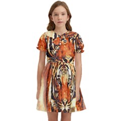 Tiger-portrait-art-abstract Kids  Bow Tie Puff Sleeve Dress