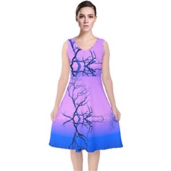 Nature-inspiration-trees-blue V-neck Midi Sleeveless Dress 