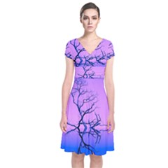 Nature-inspiration-trees-blue Short Sleeve Front Wrap Dress