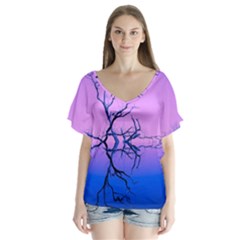 Nature-inspiration-trees-blue V-neck Flutter Sleeve Top