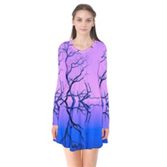 Nature-inspiration-trees-blue Long Sleeve V-neck Flare Dress by Jancukart