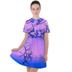 Nature-inspiration-trees-blue Short Sleeve Shoulder Cut Out Dress 