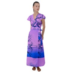 Nature-inspiration-trees-blue Flutter Sleeve Maxi Dress