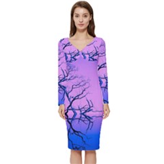 Nature-inspiration-trees-blue Long Sleeve V-neck Bodycon Dress 