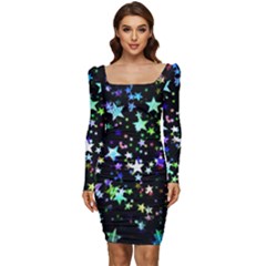 Christmas-star-gloss-lights-light Women Long Sleeve Ruched Stretch Jersey Dress by Jancukart