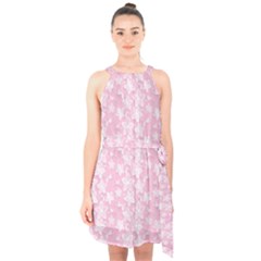 Pink-floral-background Halter Collar Waist Tie Chiffon Dress