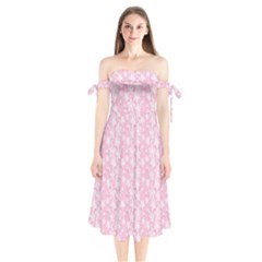 Pink-floral-background Shoulder Tie Bardot Midi Dress