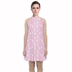 Pink-floral-background Velvet Halter Neckline Dress 