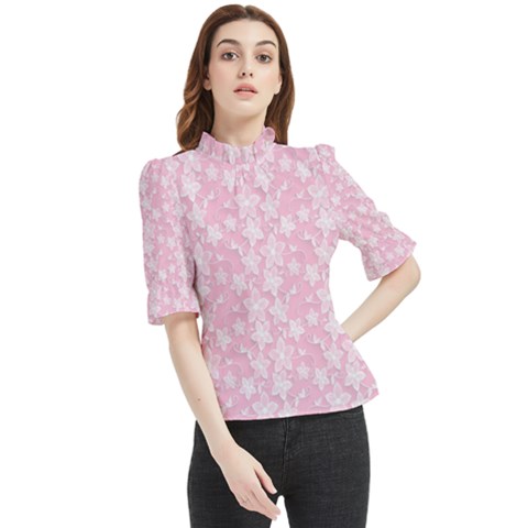 Pink-floral-background Frill Neck Blouse by Jancukart