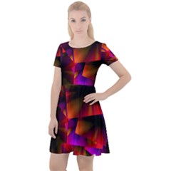 Squares Motif Geometric Pattern Cap Sleeve Velour Dress 