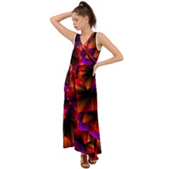 Squares Motif Geometric Pattern V-neck Chiffon Maxi Dress