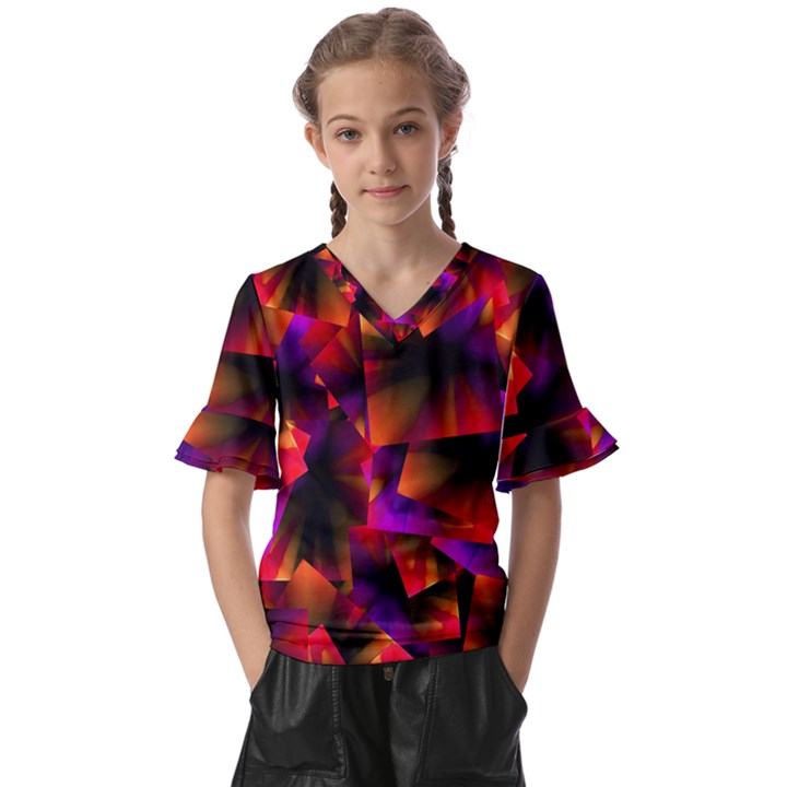 Squares Motif Geometric Pattern Kids  V-Neck Horn Sleeve Blouse