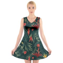 Tropical Flowers V-neck Sleeveless Dress by HWDesign