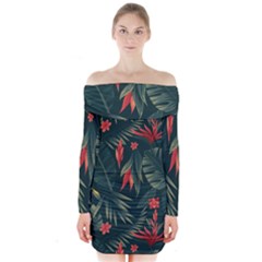 Tropical Flowers Long Sleeve Off Shoulder Dress by HWDesign