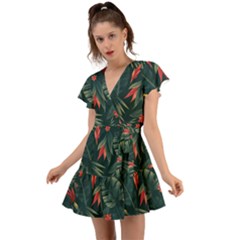 Tropical Flowers Flutter Sleeve Wrap Dress by HWDesign