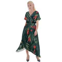 Tropical Flowers Cross Front Sharkbite Hem Maxi Dress by HWDesign