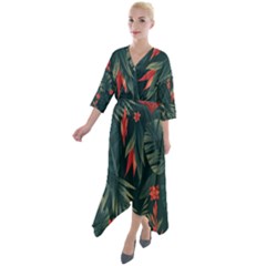 Tropical Flowers Quarter Sleeve Wrap Front Maxi Dress by HWDesign