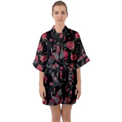 Cranes N Roses Half Sleeve Satin Kimono 