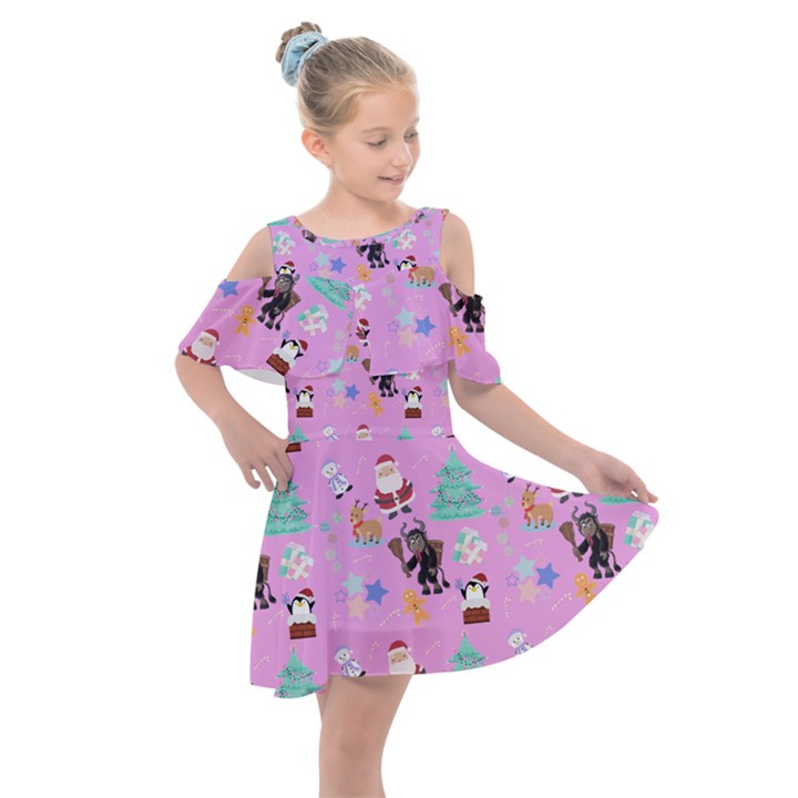 Pink Krampus Christmas Kids  Shoulder Cutout Chiffon Dress