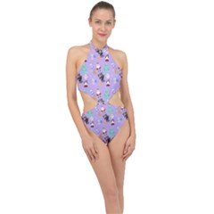 Purple Krampus Christmas Halter Side Cut Swimsuit