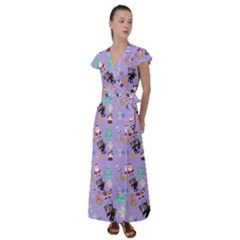 Purple Krampus Christmas Flutter Sleeve Maxi Dress