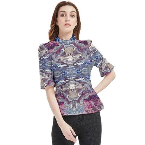 Abstract Pouring Frill Neck Blouse by kaleidomarblingart