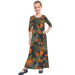 Orange Leaves Kids  Quarter Sleeve Maxi Dress by HWDesign