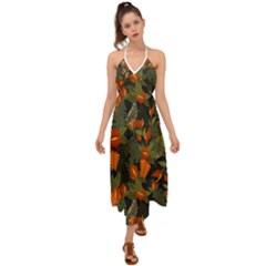 Orange Leaves Halter Tie Back Dress  by HWDesign