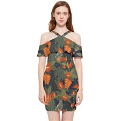 Orange Leaves Shoulder Frill Bodycon Summer Dress by HWDesign