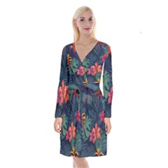 Colorful Flowers Long Sleeve Velvet Front Wrap Dress by HWDesign