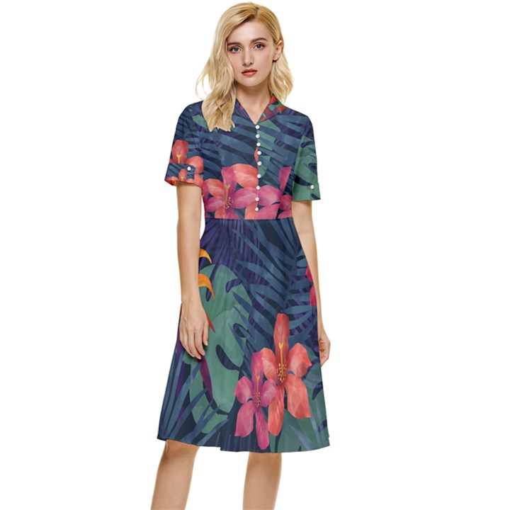 Colorful Flowers Button Top Knee Length Dress