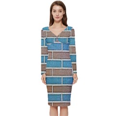 Brick-wall Long Sleeve V-neck Bodycon Dress 