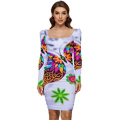 Butterfly-b 001 Women Long Sleeve Ruched Stretch Jersey Dress