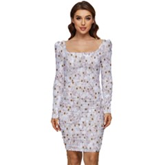 Cherry-blossoms Women Long Sleeve Ruched Stretch Jersey Dress