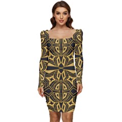 Abstract Pattern Geometric Backgrounds Women Long Sleeve Ruched Stretch Jersey Dress