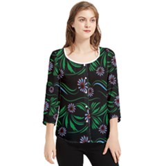 Folk Flowers Print Floral Pattern Ethnic Art Chiffon Quarter Sleeve Blouse by Eskimos