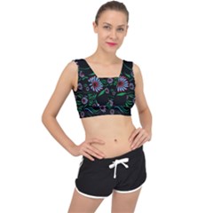 Folk Flowers Print Floral Pattern Ethnic Art V-back Sports Bra by Eskimos