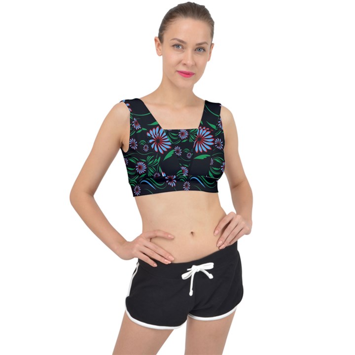 Folk flowers print Floral pattern Ethnic art V-Back Sports Bra