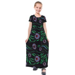 Folk Flowers Print Floral Pattern Ethnic Art Kids  Short Sleeve Maxi Dress by Eskimos