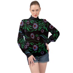 Folk Flowers Print Floral Pattern Ethnic Art High Neck Long Sleeve Chiffon Top by Eskimos