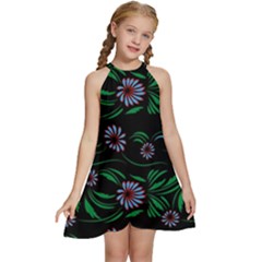 Folk Flowers Print Floral Pattern Ethnic Art Kids  Halter Collar Waist Tie Chiffon Dress